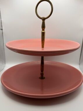 Vintage Bauer L.A. “La Linda” Pink Two-Tier Tidbit Stand, 9”.